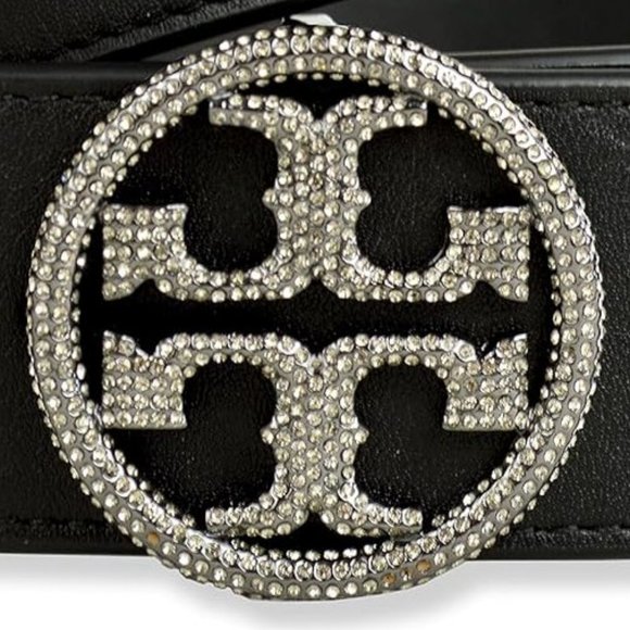 Tory Burch $248 WIDE Embellished Crystal Paved  Logo Buckle Leather Belt XS S - Picture 5 of 6